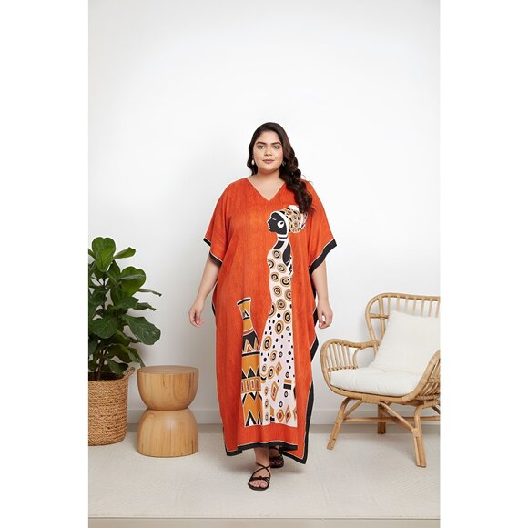 Women Plus Size Polyester Maxi Tribal Printed Orange Kaftan Dress by Gypsie Blu - Picture 1 of 9